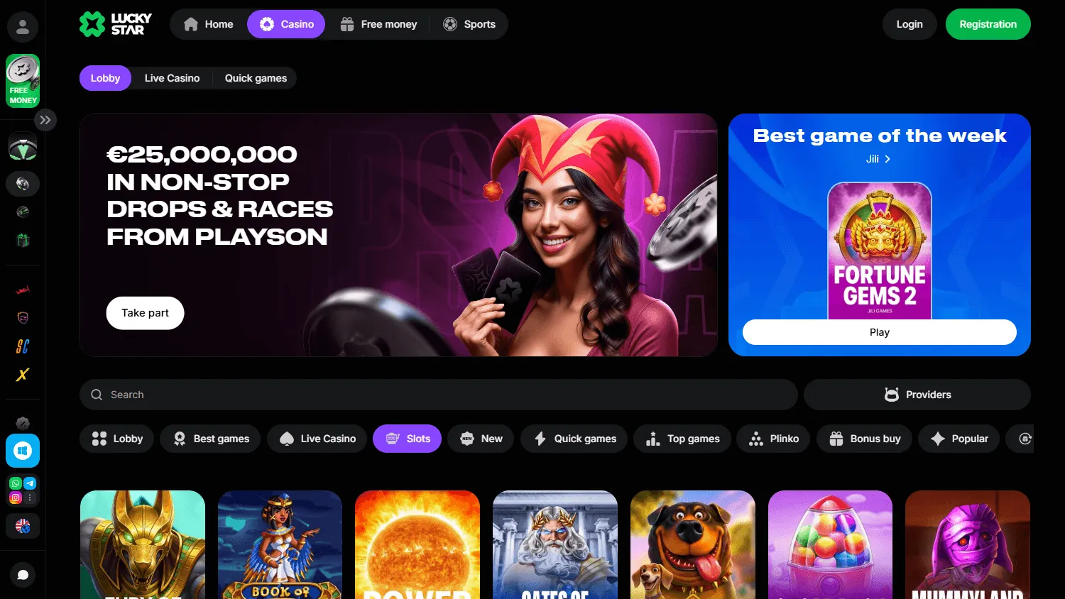 Lucky Star Casino desktop games screen with pokies and casino categories