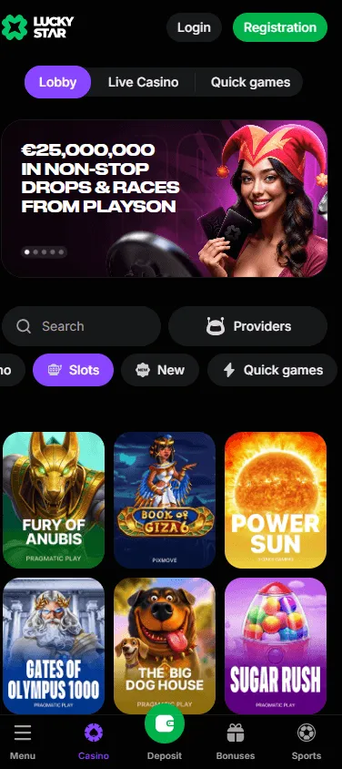 Lucky Star Casino mobile games screen with pokies and casino categories