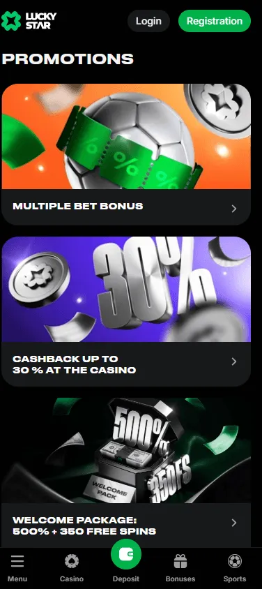Lucky Star Casino mobile promotions screen with bonus and free spins offers