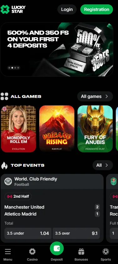Lucky Star Casino mobile home screen with casino offer and navigation