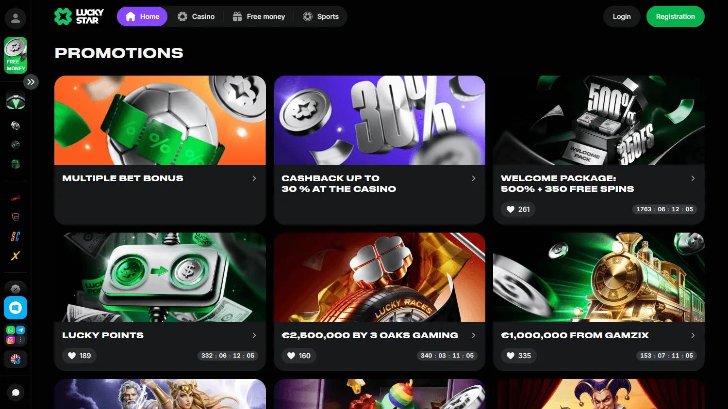 Lucky Star Casino desktop promotions screen with welcome bonus and free spins offers