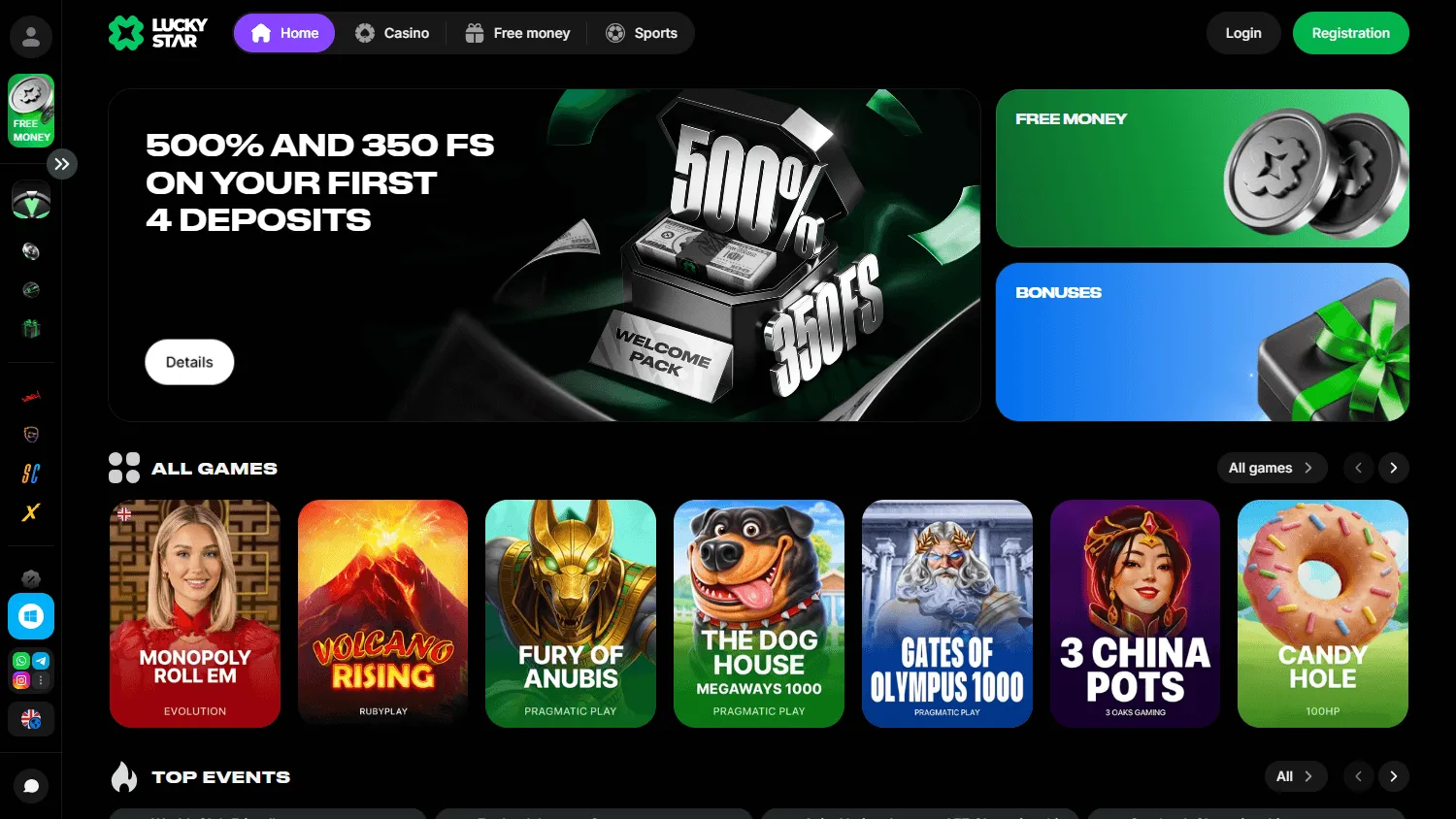 Lucky Star Casino desktop home screen with casino offer and account options